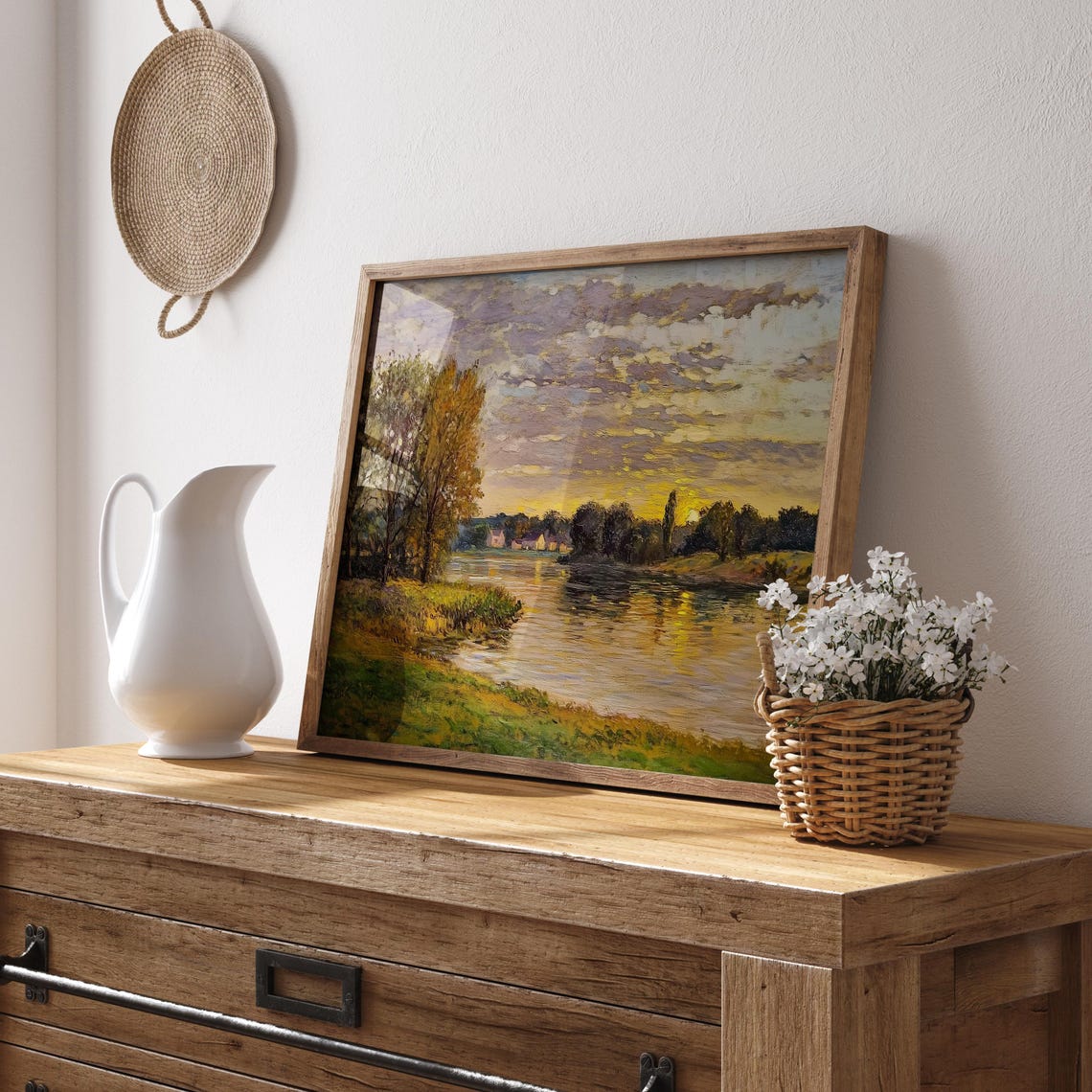 Impressionist Sunset Over A Lake Village Golden Landscape Poster - Image 2