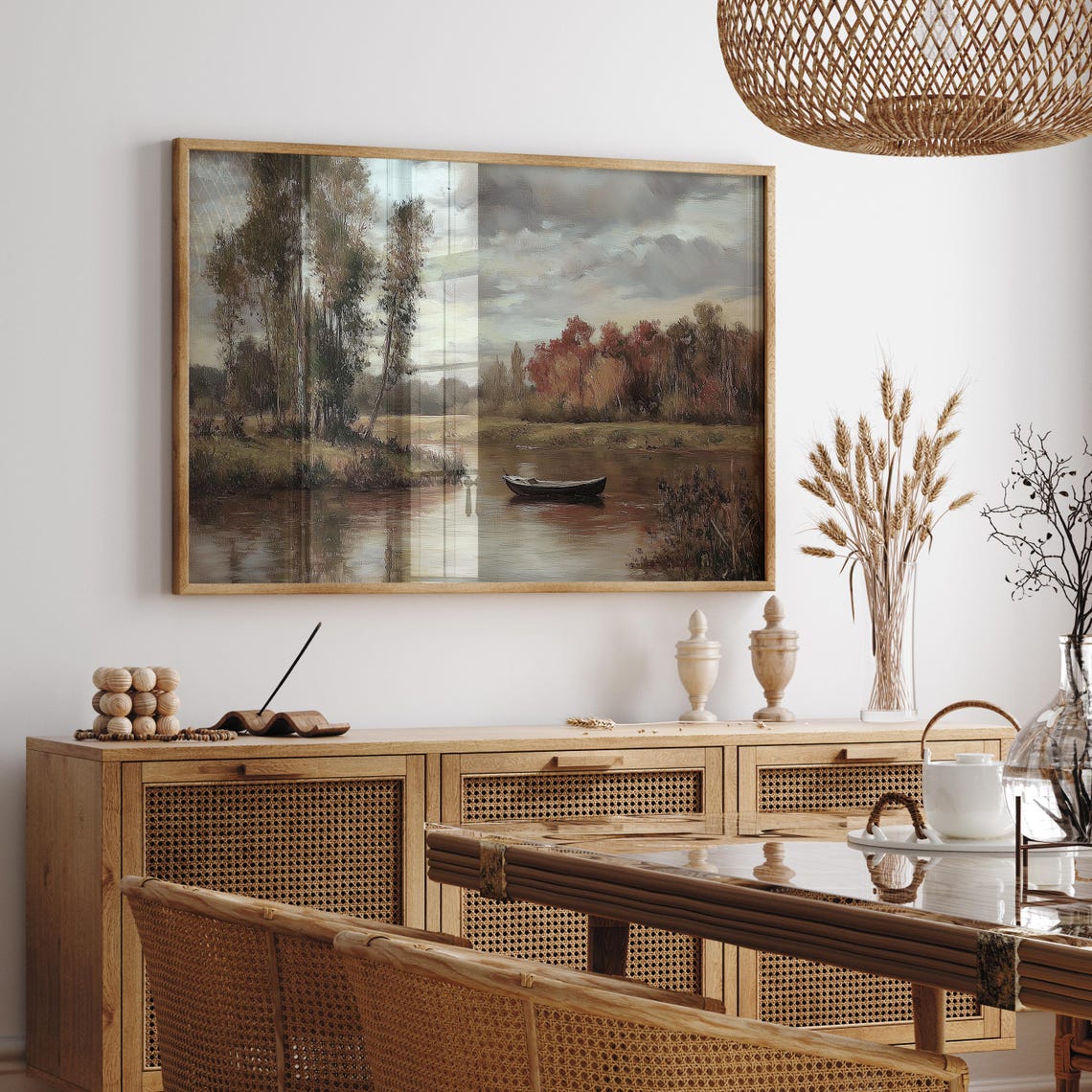Lone Canoe Floating on a Calm Autumn Lake Beneath Tall Trees Poster - Image 4