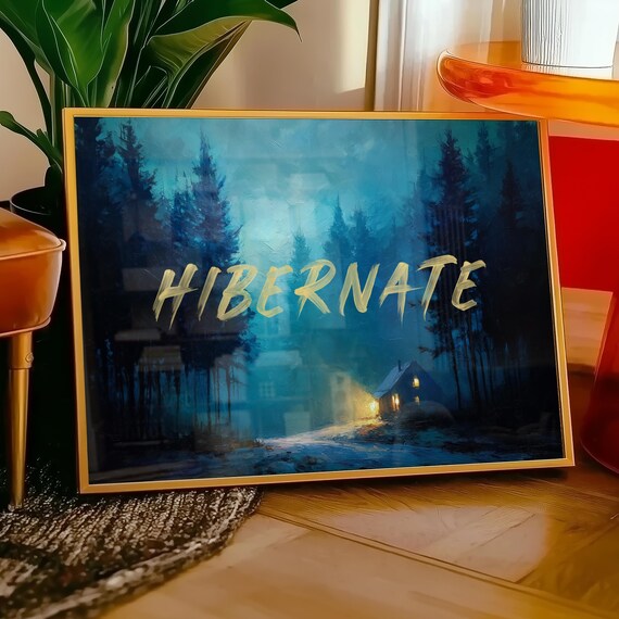 Hibernate Winter Cabin Night Snowy Forest Moody Blue Escape Poster