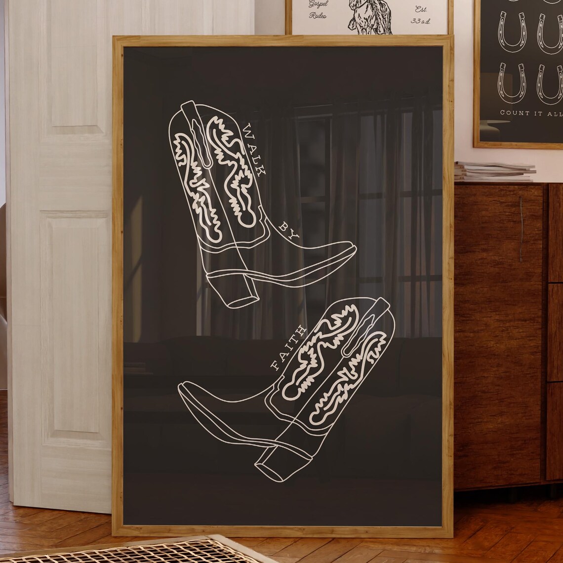 Walk By Faith Cowboy Boots White Line Art Black Background Poster