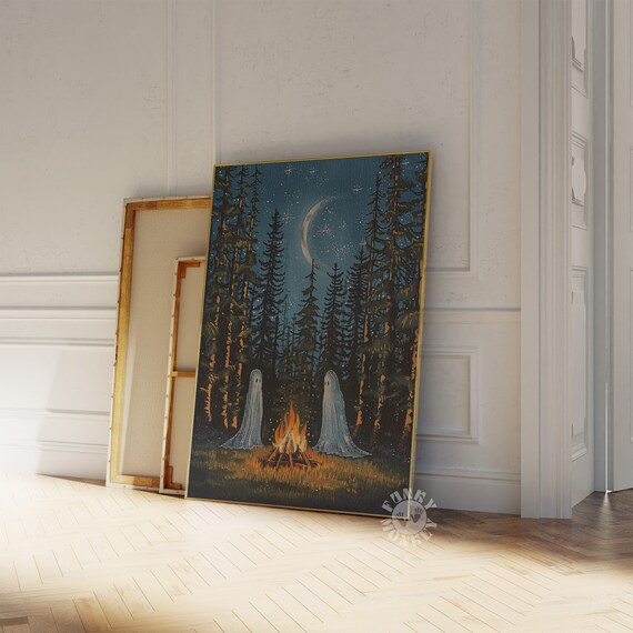 Ghosts by Campfire in Moonlit Woods Fall Halloween Spooky Wall Art