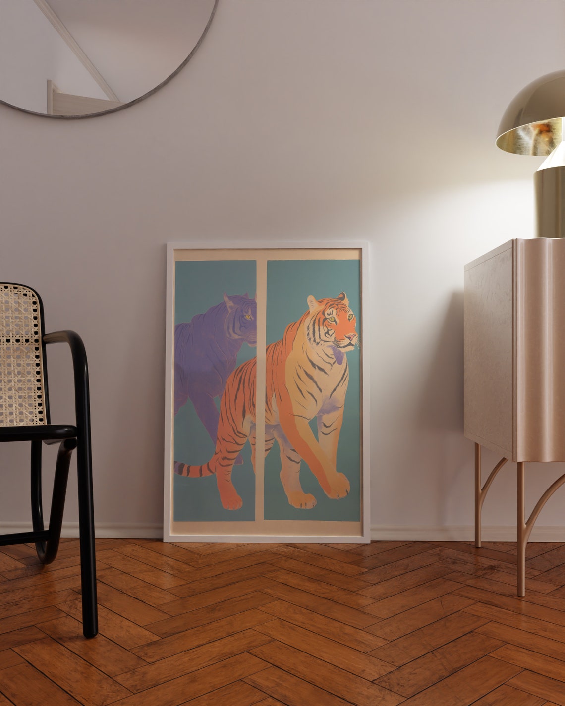 Split Panel Tiger Portrait Orange and Purple on Sage Green Poster - Image 2