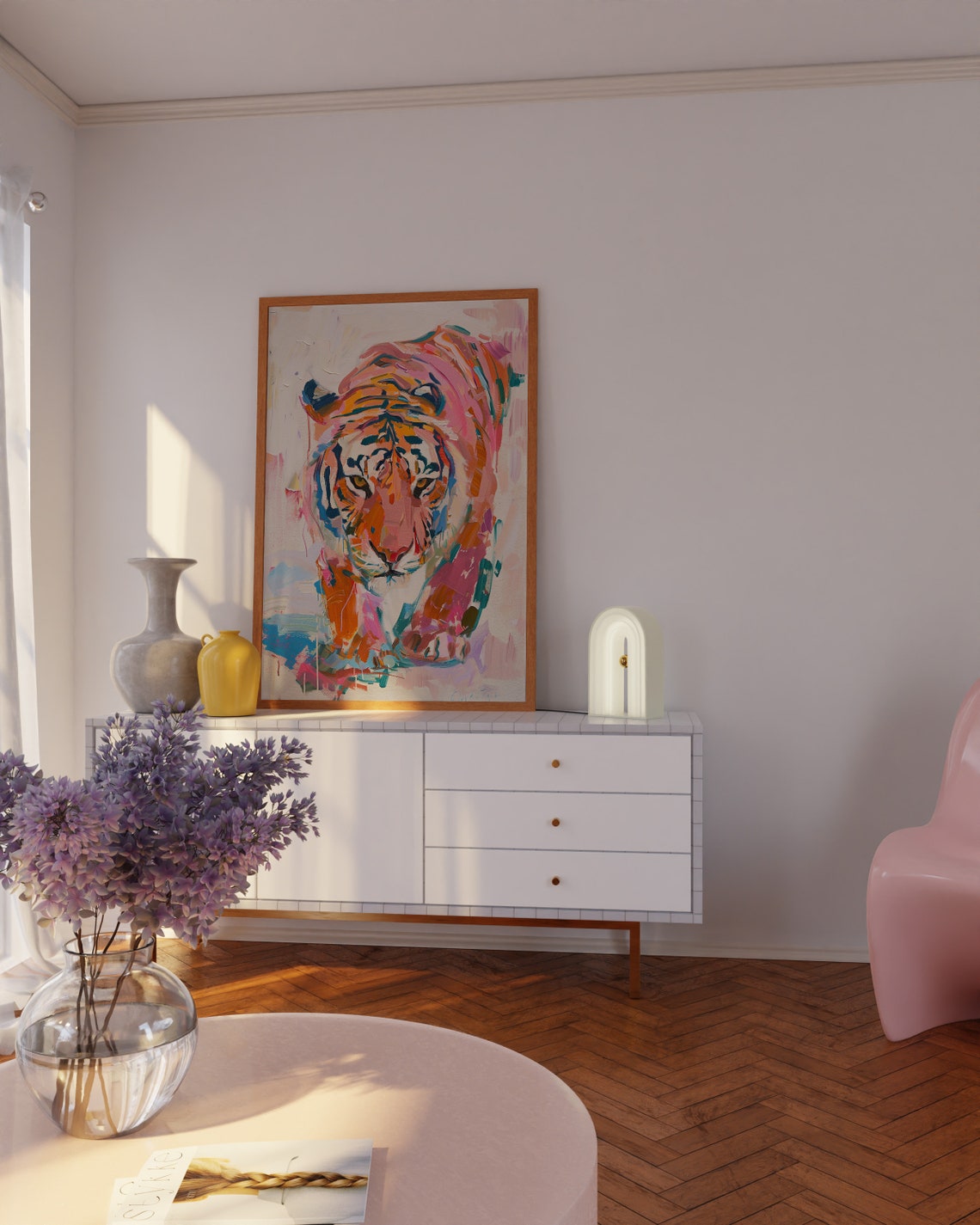 Soft Pastel Tiger Walking Dreamy Watercolor Wildlife Bedroom Poster - Image 3