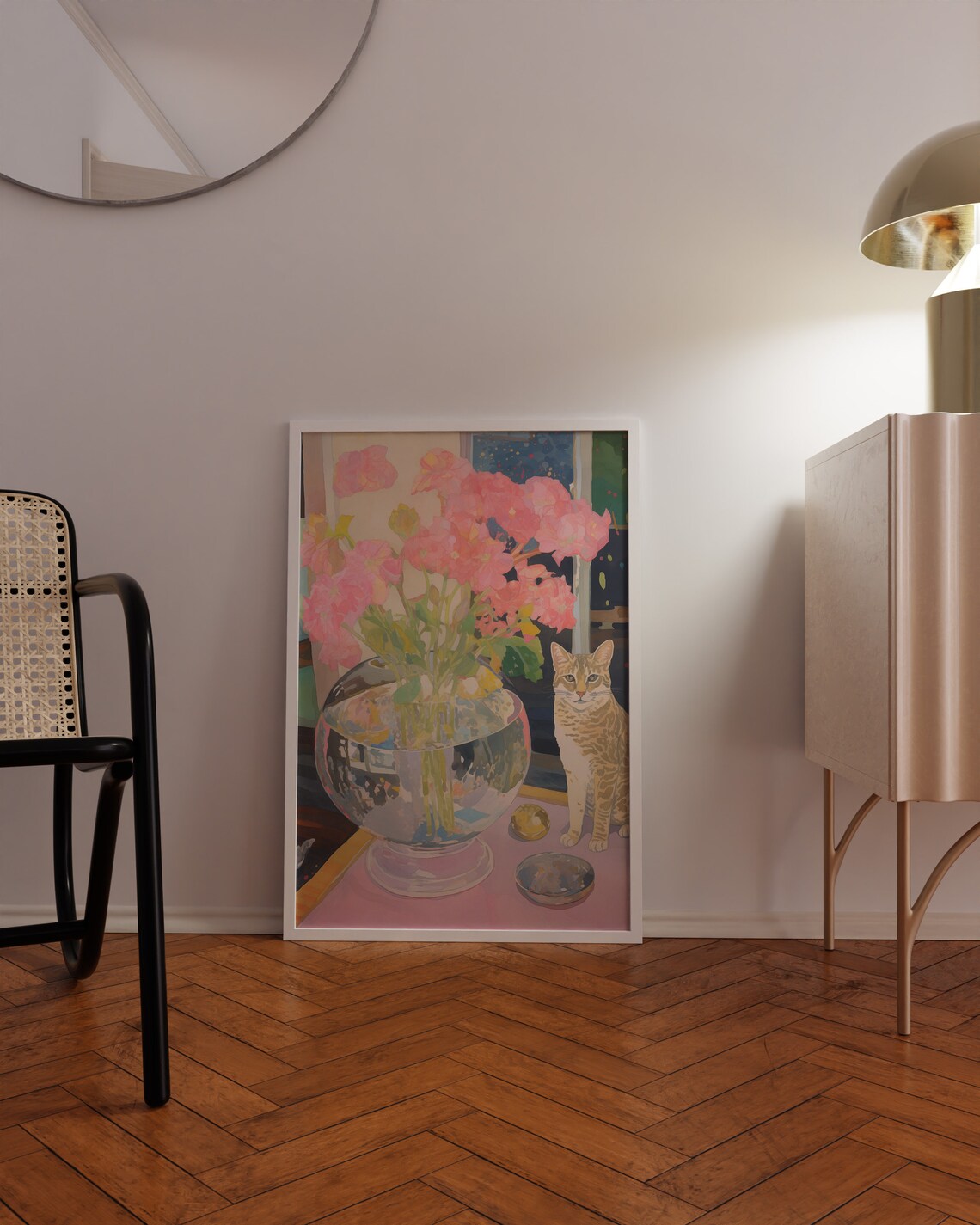 Tabby Cat by a Fishbowl Vase of Pink Peonies Still Life Poster - Image 3