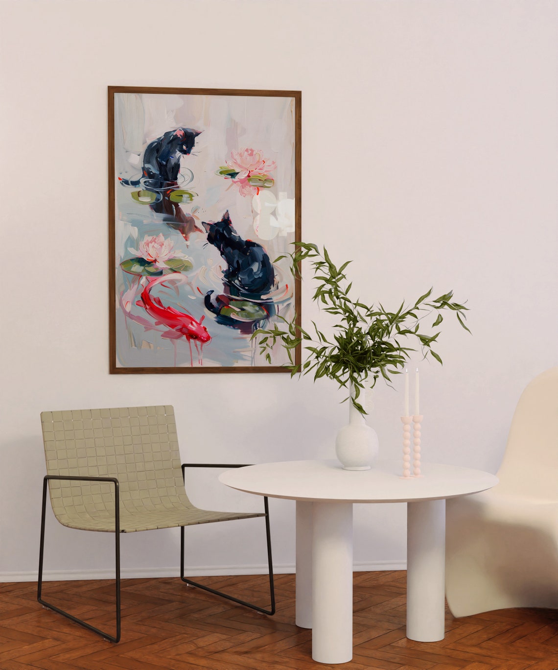 Two Black Cats And Koi In Monet Style Water Lily Pond Poster - Image 4