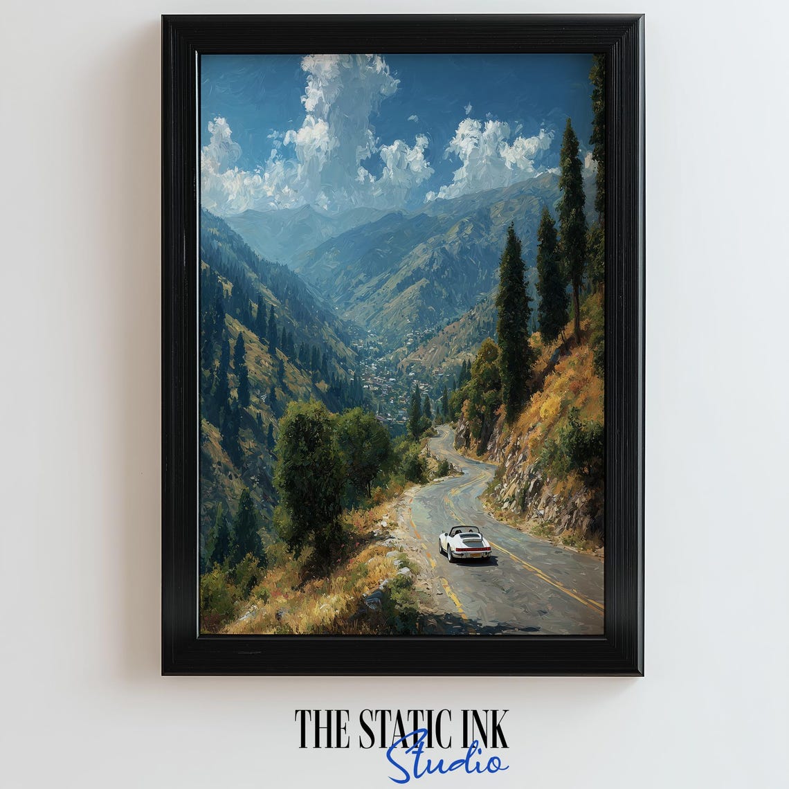 White Convertible Driving Through Scenic Mountain Valley Poster