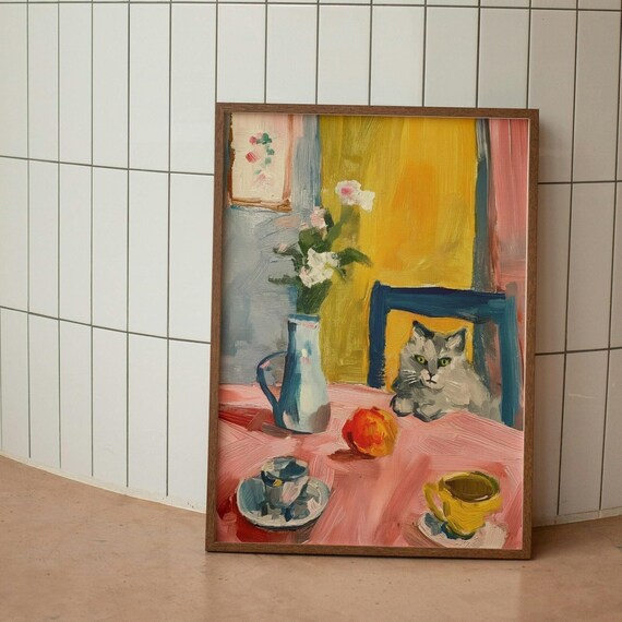 Fauvism Gray Cat Sitting at Dining Table With Flowers Painting Print