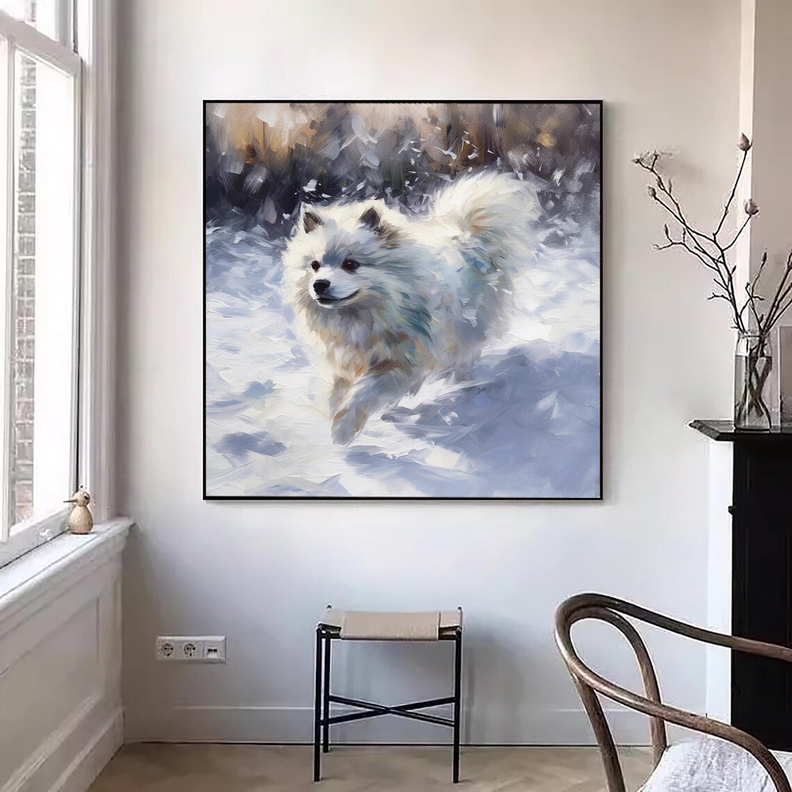White Fluffy Dog Running Through Snow Winter Oil Painting Art Poster