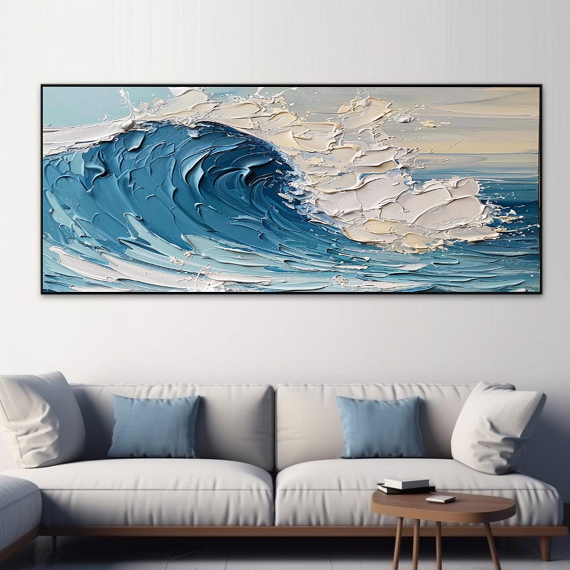 Blue Ocean Wave Crashing White Foam Impasto Panoramic Seascape Poster - Image 3