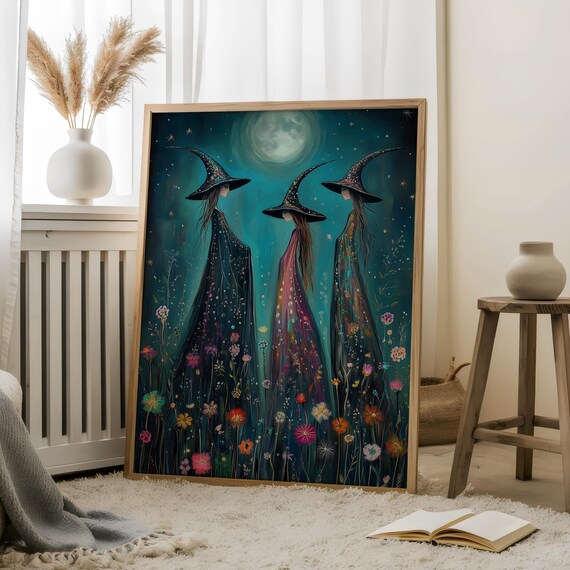 Three Witches Under Moonlightcelestial Artwildflowers Enchanted Nightmystical Witch Printcelestial Wall Decormagic Night Art