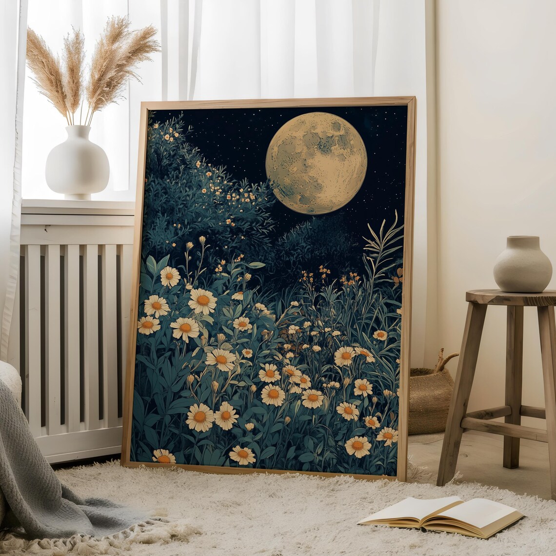 Full Moon And Daisies, Dark Academia Art Print