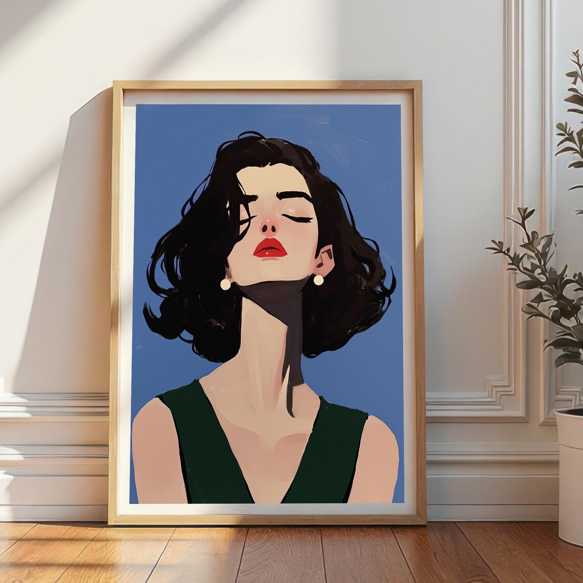 Crimson Serenity Elegant Woman Minimalist Blue Portrait Art Poster