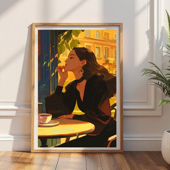 Woman At Paris Cafe Golden Hour Elegant French Illustration Art Poster