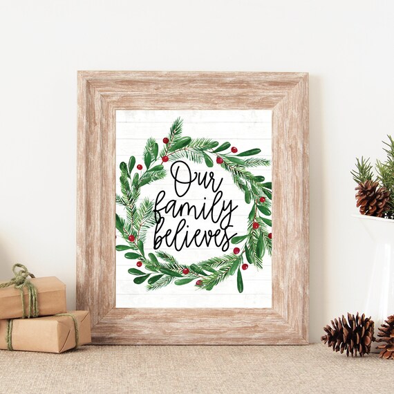 Our Family Believes Christmas Wreath Farmhouse Holiday Script Poster