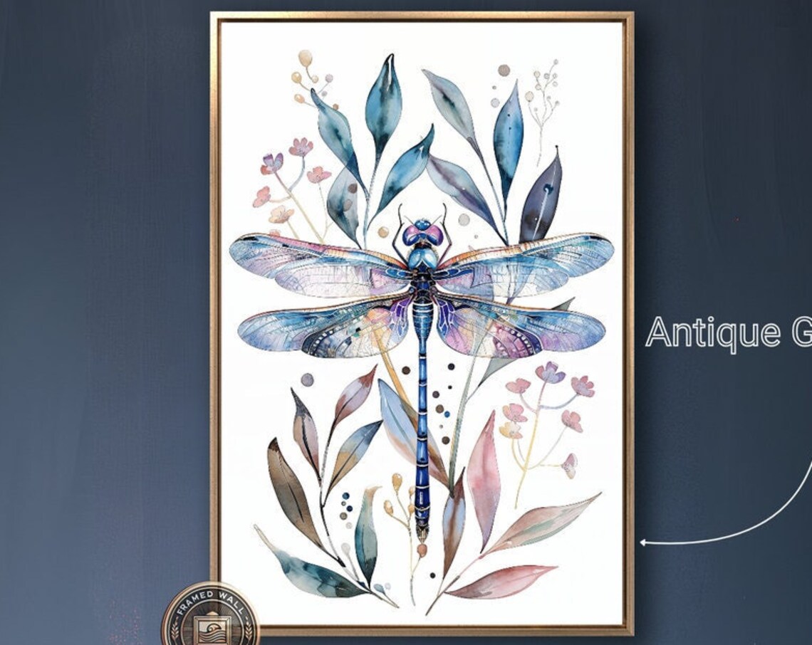 Dragonfly Watercolor Botanical Leaves Elegant Insect Nature Wall Art Print