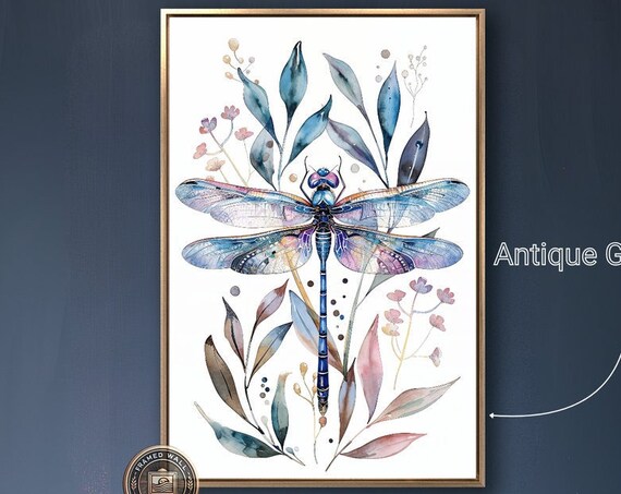Vibrant Dragonfly Framed Wall Art Botanical Watercolor Painting Print Vertical Elegant Wall Decor Insect Large Poster Ready To Hang