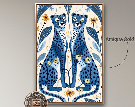 Two Blue Cheetahs Sitting Botanical Illustration Animal Art Poster