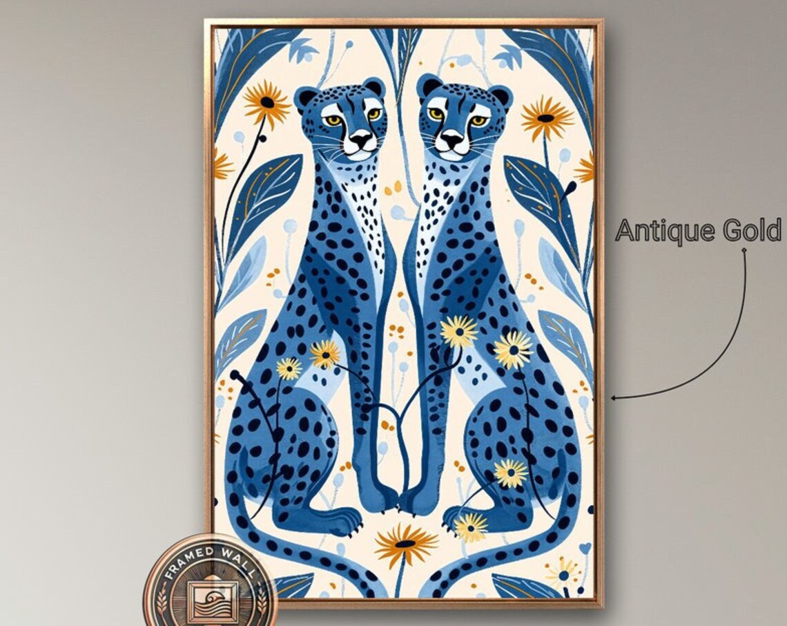 Two Blue Cheetahs Sitting Botanical Illustration Animal Art Poster