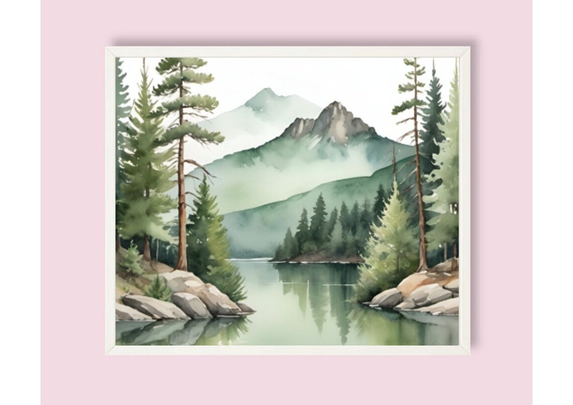 Mountain Lake Pines Misty Peaks Reflection Watercolor Poster - Image 6