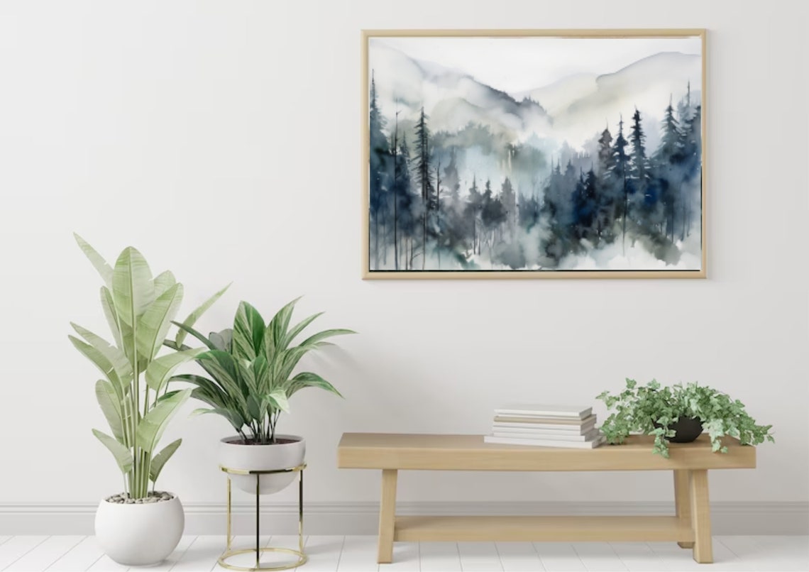 Foggy Pine Forest Soft Gray Blue Hushed Watercolor Landscape Poster - Image 3
