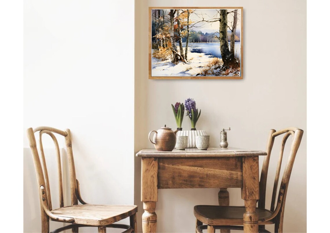 Winter Lake Birch Trees Snowy Shore Golden Leaves Watercolor Poster - Image 2