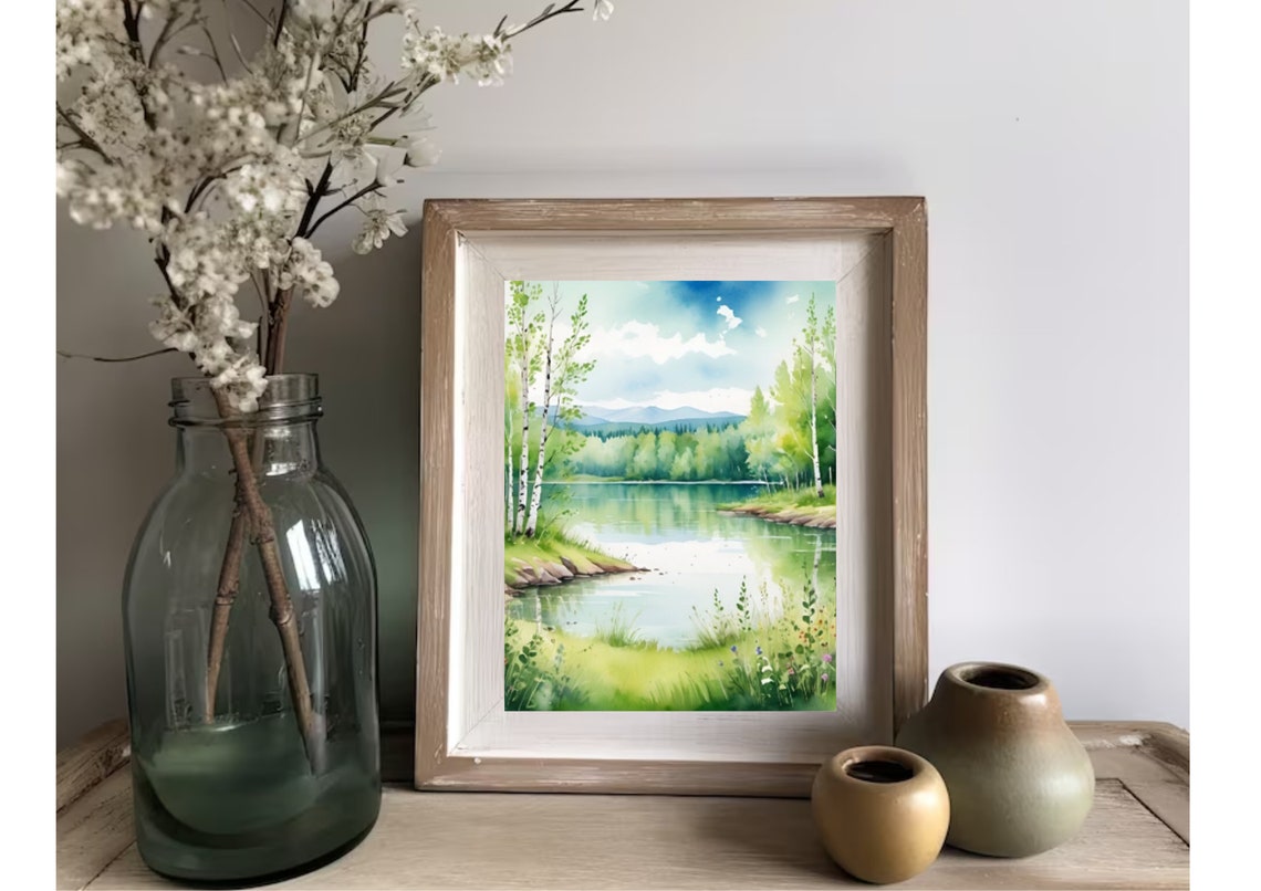 Birch Forest Mountain Lake Watercolor Summer Landscape Art Poster - Image 2