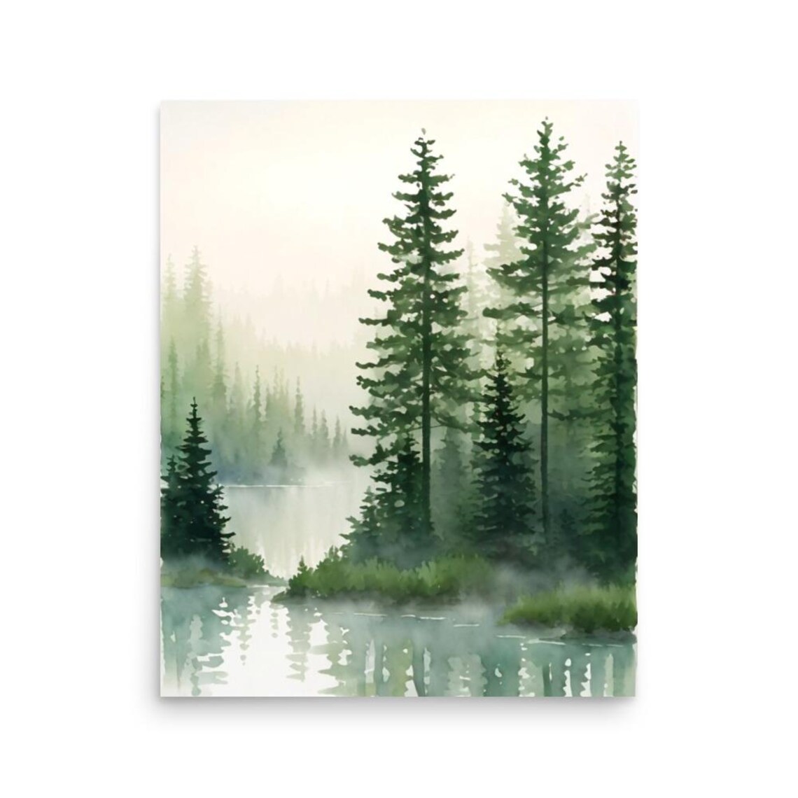 Misty Evergreen Forest Lake Watercolor Washington Nature Art Poster - Image 3