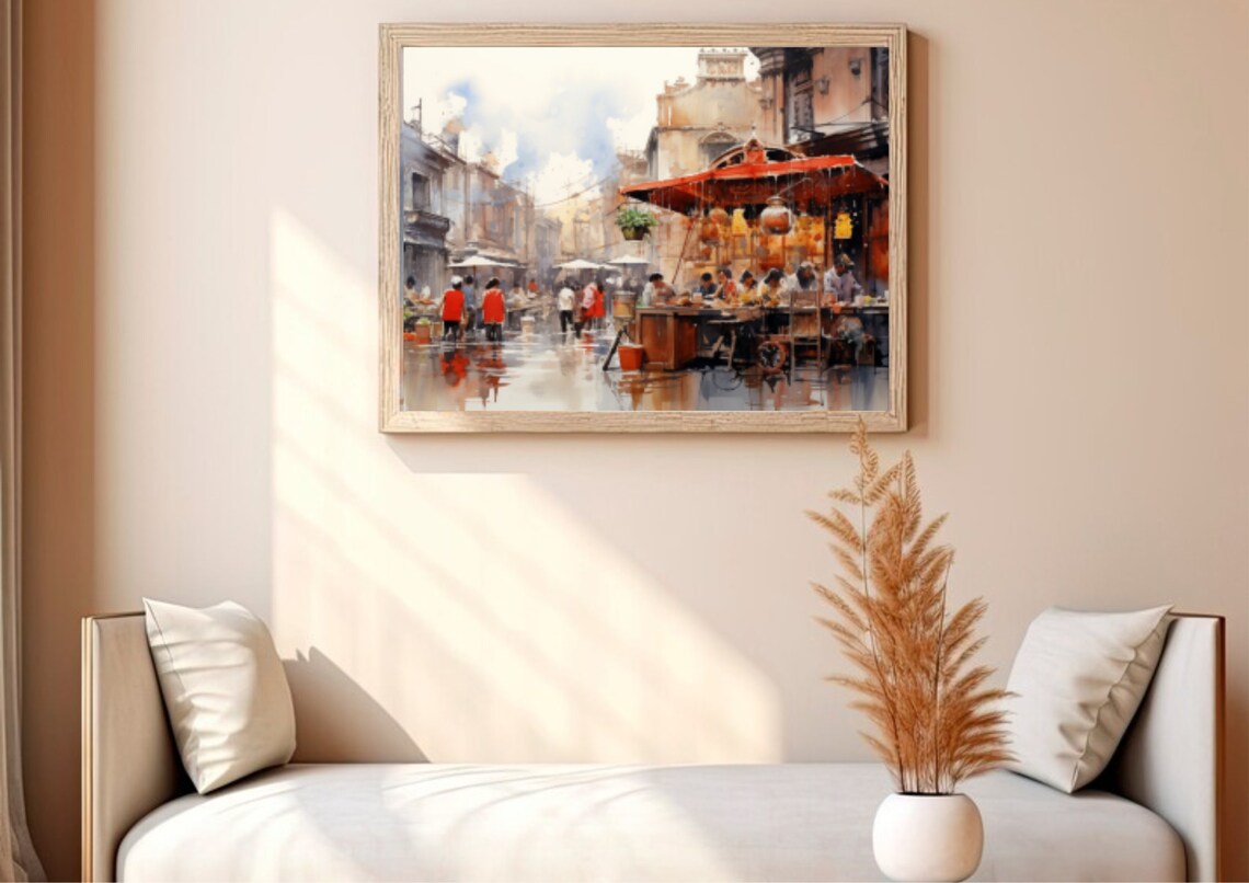 European Old Town Street Market Red Canopy Watercolor Cityscape Poster - Image 5