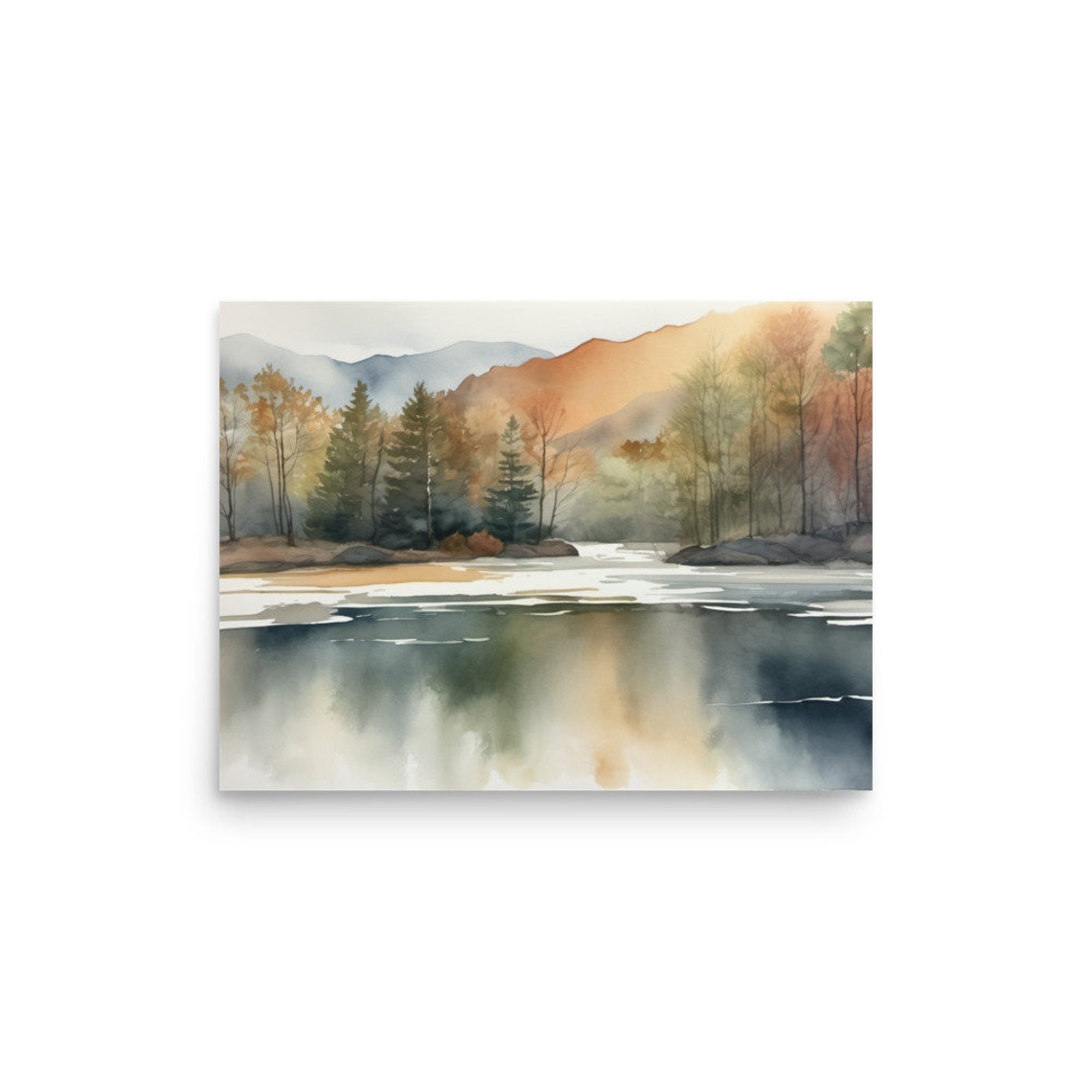Tahoe Lake Painting California Lake Landscape Watercolor Art Print Mountain Forest Lake Wall Art Earth Tones Panoramic Foggy Landscape Art - Image 4