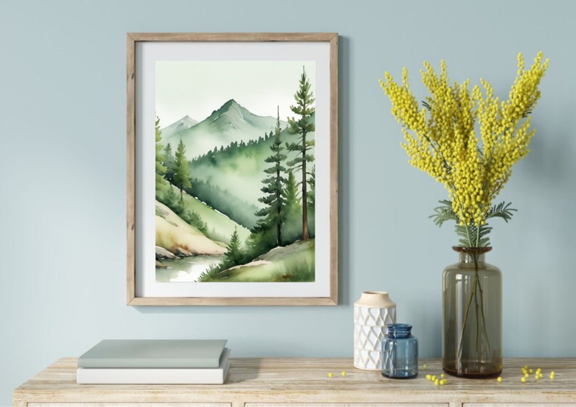 Sage Green Evergreen Mountain Stream Misty Watercolor Poster - Image 5