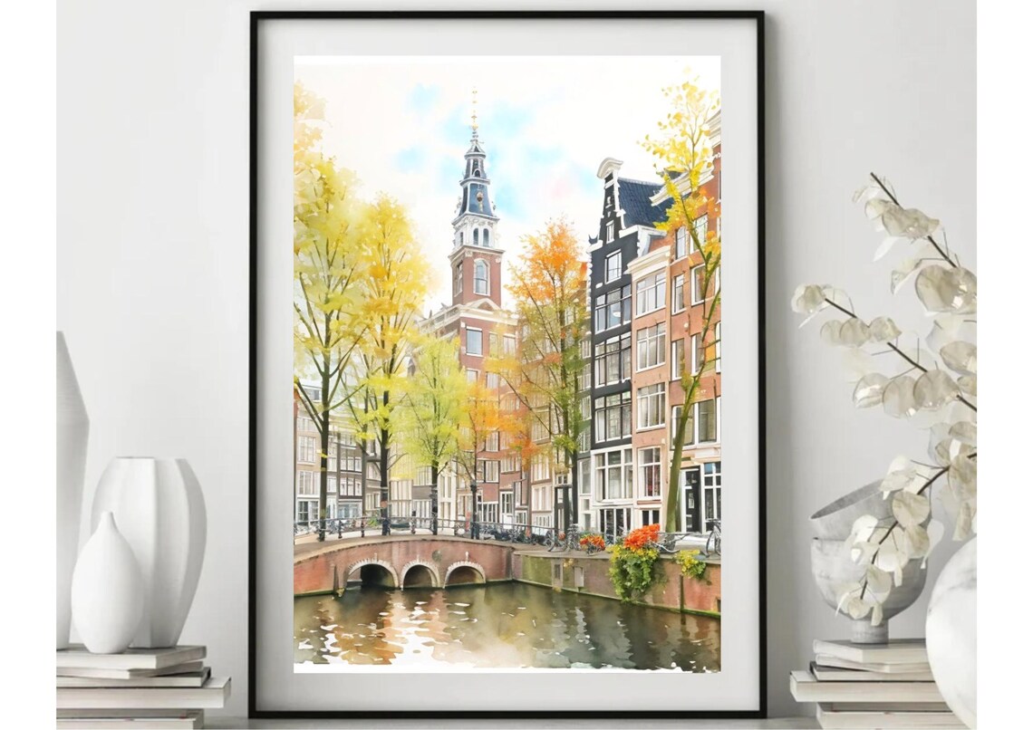 Amsterdam Autumn Canal Church Tower Watercolor Fall Travel Art Poster - Image 4
