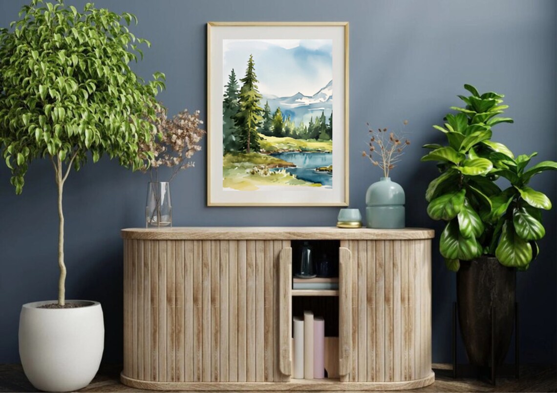 Mountain River Evergreen Pines Snowy Peak Gentle Watercolor Poster - Image 5