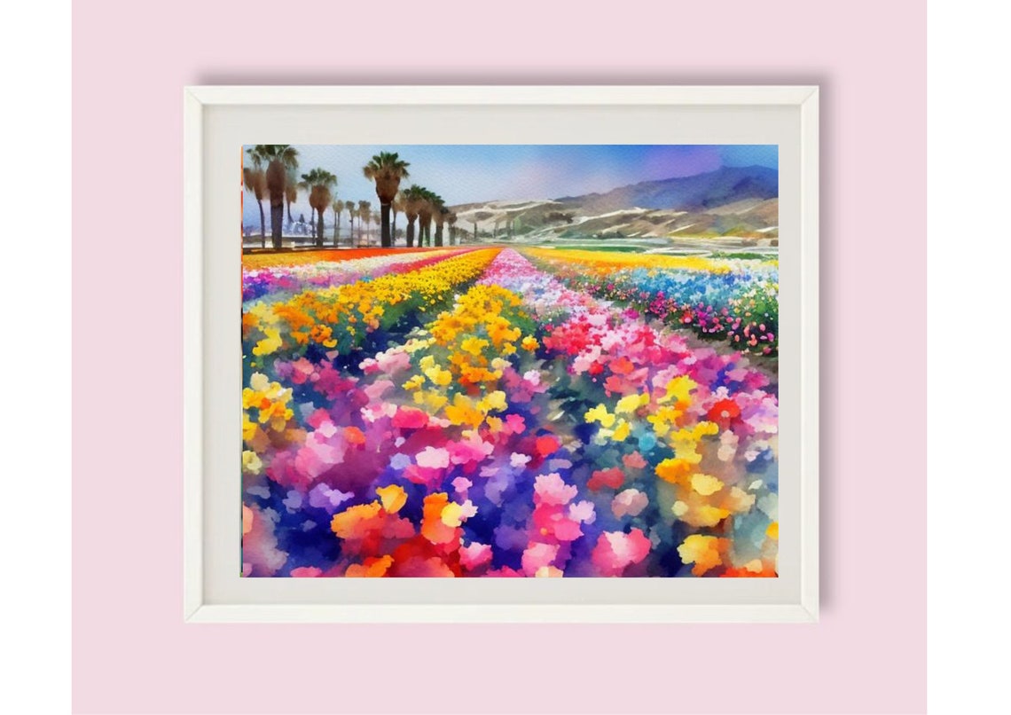Rainbow Flower Field Palm Trees Bright Exuberant Watercolor Poster - Image 6