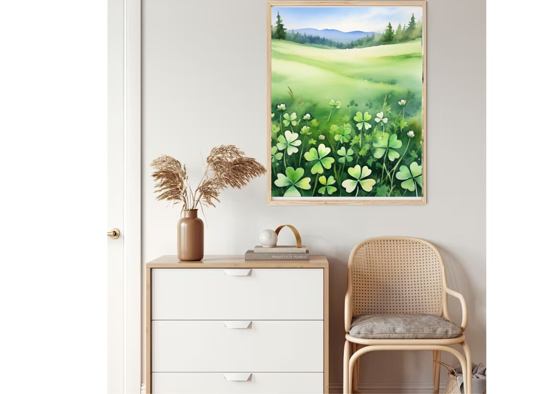Clover Meadow White Blossoms Rolling Green Hills Watercolor Poster - Image 2