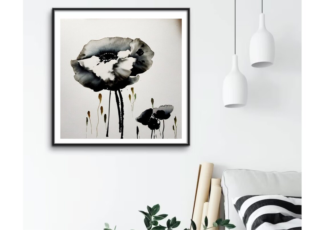 Black and White Poppies Ink Wash Modern Floral Watercolor Poster - Image 2