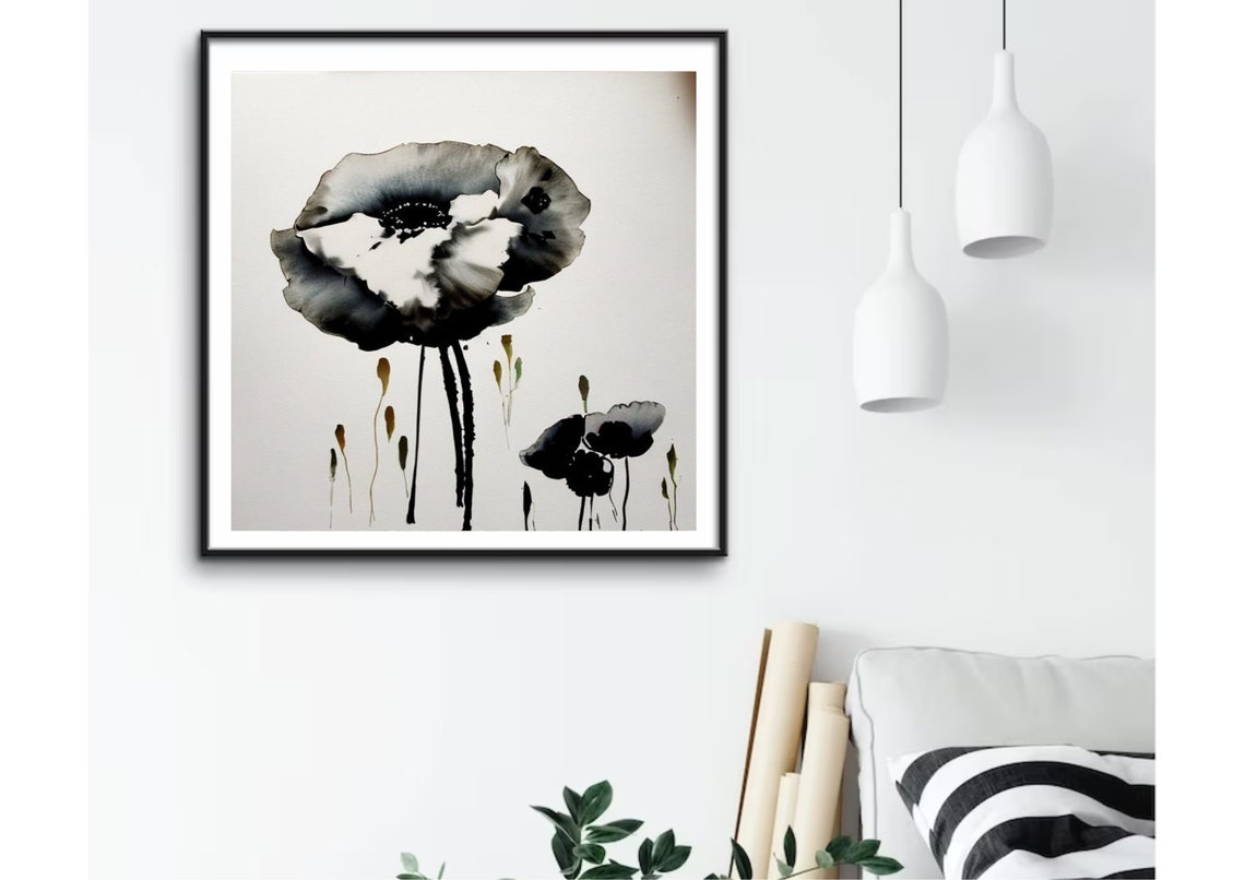 Poppies Painting Black White Poppies Art Print Floral Wall Art California Poppies Art Print Fom My Original Watercolor And Ink Sketch - Image 2