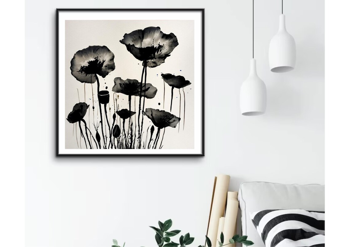 Black White Poppy Flowers Ink Watercolor Sketch Botanical Art Poster - Image 2