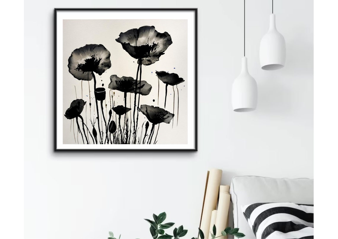 Poppy Painting Poppies Watercolor And Ink Art Print Poppy Sketch Wall Art Black And White Wall Art Flowers Sketch Botanical Nature Print - Image 2