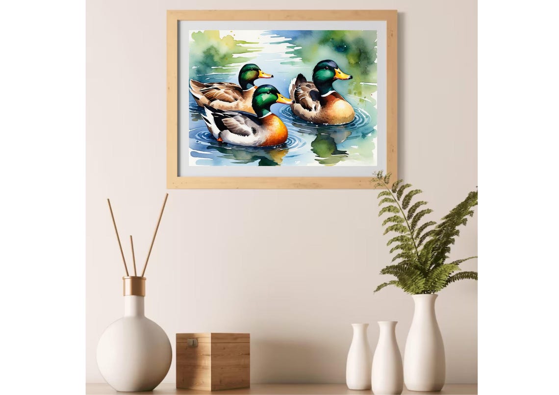 Three Mallard Ducks Swimming Watercolor Wildlife Pond Poster - Image 3