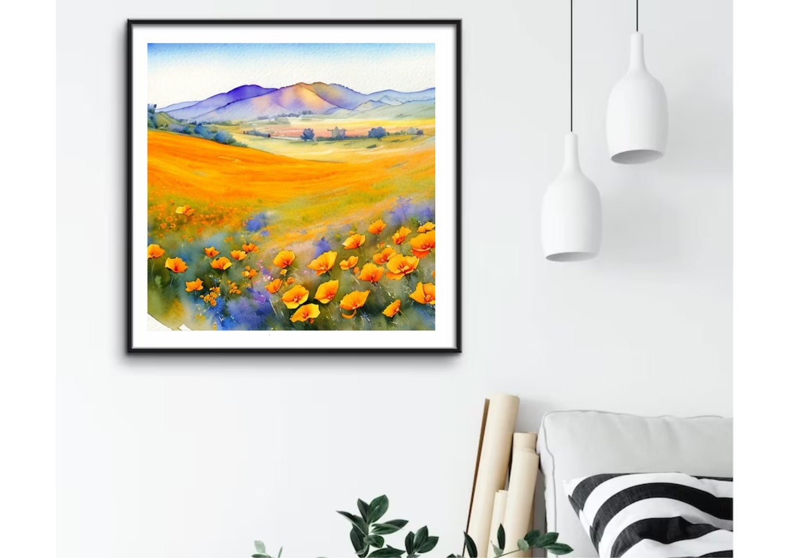 California Poppies Field Watercolor Painting Orange Poppies Art Print Panoramic Wildflowers Field Wall Art Watercolor California Poppy Art - Image 4