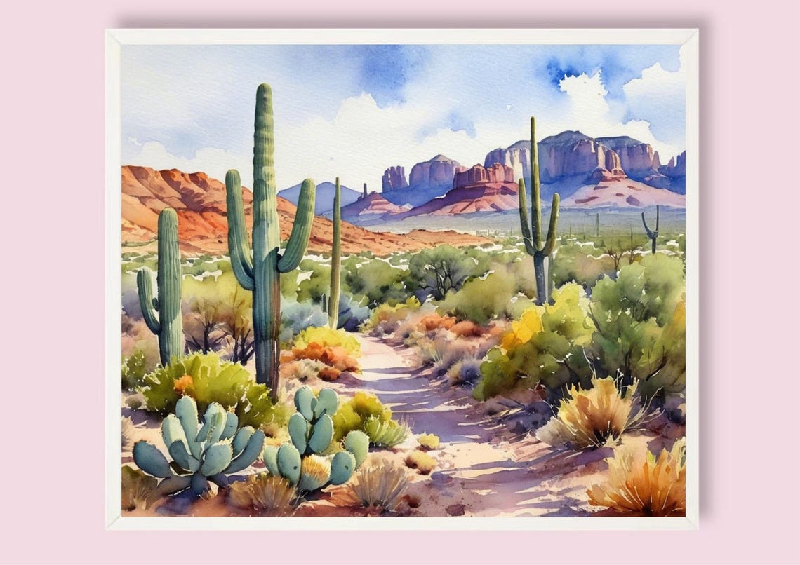 Arizona Landscape Painting Sedona Watercolor Art Print Desert Way And Plants Wall Art Cacti Art Arizona Mountain Poster Travel Gifts - Image 5