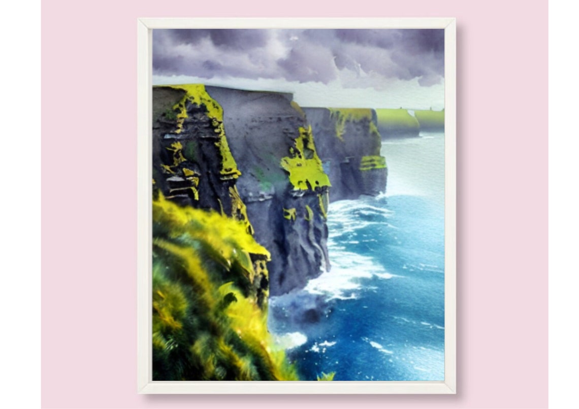 Dramatic Sea Cliffs Blue Ocean Stormy Sky Coastal Watercolor Poster - Image 6