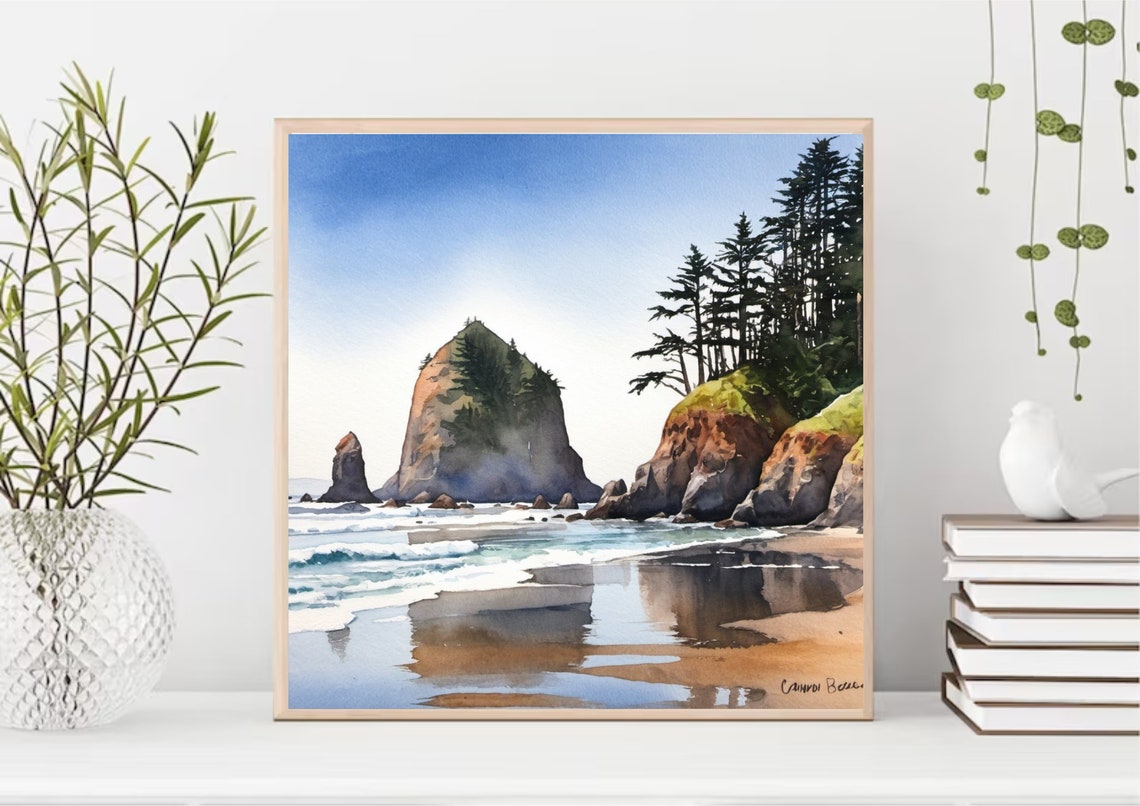 Cannon Beach Haystack Rock Seaside Oregon Coast Watercolor Poster - Image 3