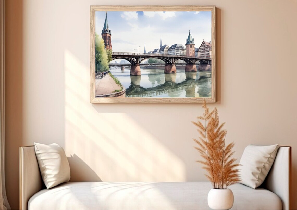 Frankfurt Iron Bridge Main River Church Towers Watercolor Poster - Image 3