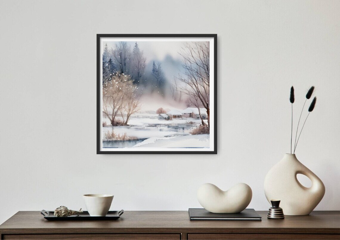 Foggy Winter Village By Frozen River Watercolor Landscape Wall Art - Image 2