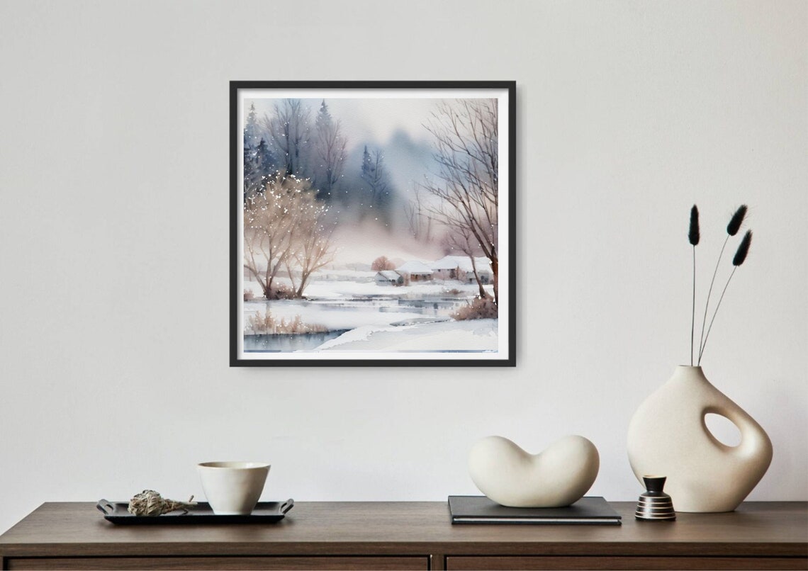 Winter Foggy Country Landscape Watercolor Painting Rural Houses And A Small River Art Print Panoramic Winter Landscape Of A Village Print - Image 2