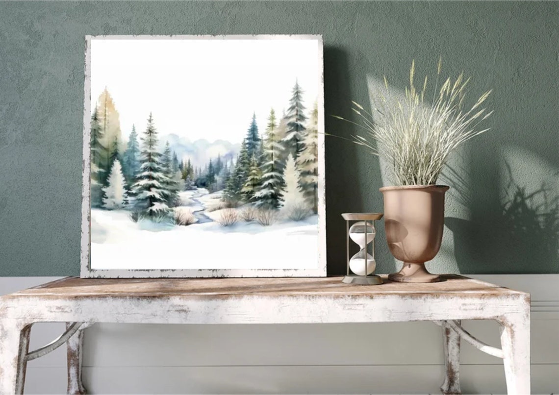 Snowy Pine Forest With Winding Stream Watercolor Winter Art Poster - Image 3