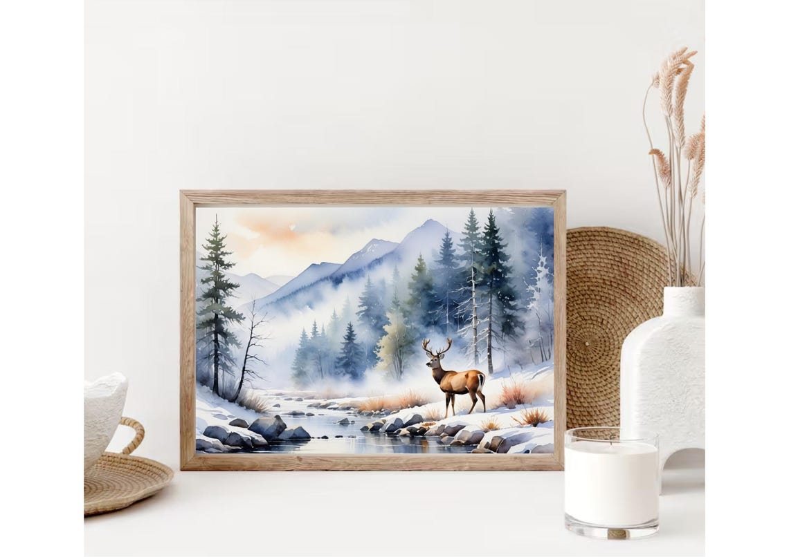 Majestic Buck Deer by Snowy Mountain Stream Watercolor Poster - Image 4