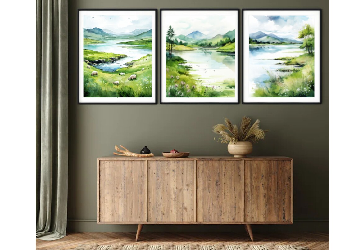 Green Hillside Meadow With Grazing Sheep By Lake Watercolor Wall Art - Image 3