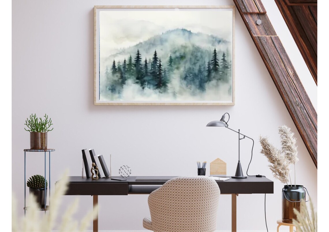 Foggy Mountain Pine Forest Watercolor in Pale White Mist Poster - Image 5